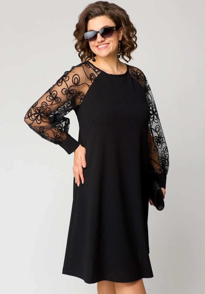 Helena - Elegancka czarna sukienka z koronkowymi rękawami