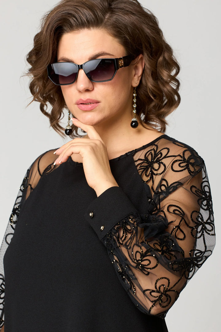 Helena - Elegancka czarna sukienka z koronkowymi rękawami