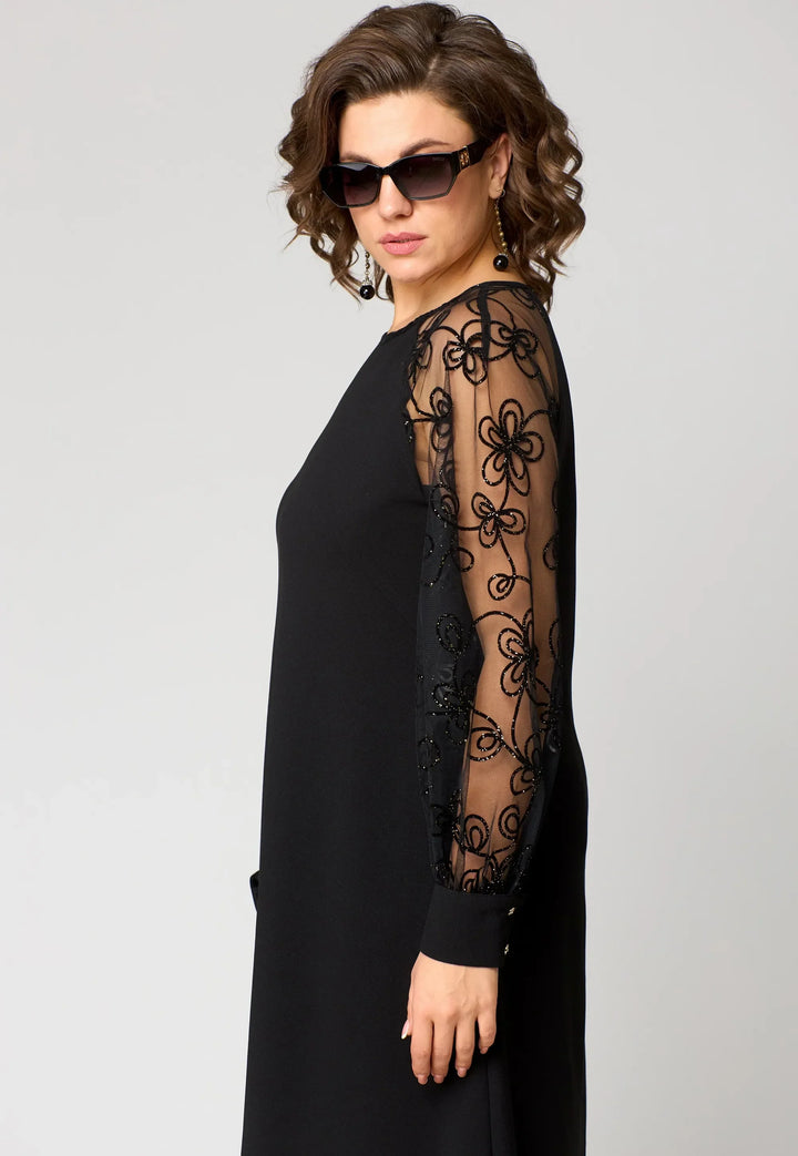 Helena - Elegancka czarna sukienka z koronkowymi rękawami