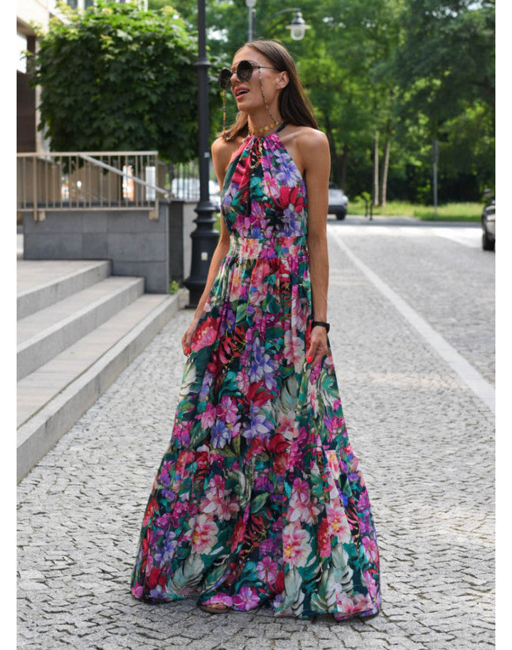 Julita - Zwiewna Sukienka Maxi w Kwiaty z Wiązaniem na Szyi i Falbaną
