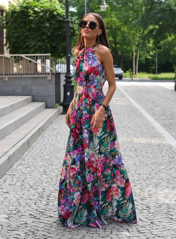Julita - Zwiewna Sukienka Maxi w Kwiaty z Wiązaniem na Szyi i Falbaną